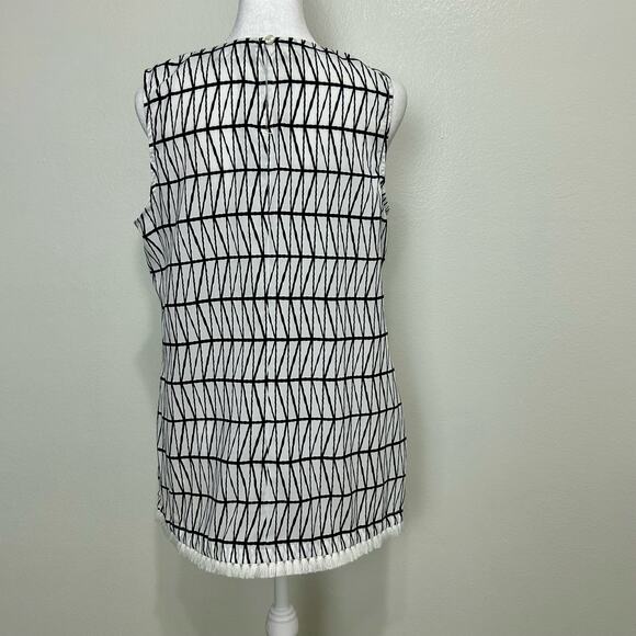 Banana Republic Geometric Sleeveless Top XS Womens Fringe Blue White Blouse Boho - Picture 3 of 7